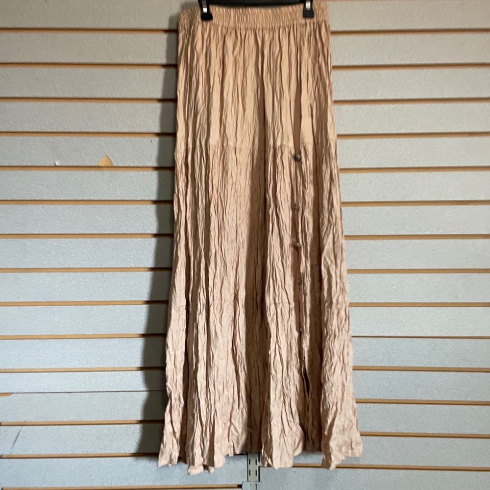 VTG Crazy Cowgirl Tan Crinkle Broomstick Maxi Skirt Women Medium Tiered Western